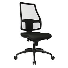 Bürostuhl Schwer Entflammbar - Höhenverstellbare Rückenlehne 680 mm | Punktsynchron-Mechanik | Flachsitz in Schwarz | Netzrücken in Schwarz